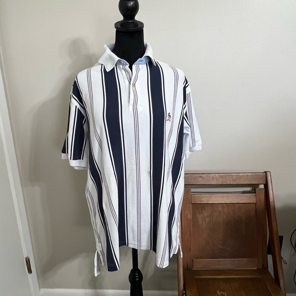 Tommy Hilfiger Navy and White Striped Polo Shirt